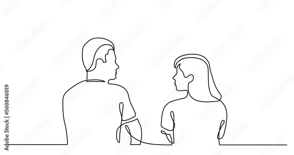 continuous line drawing of young man and woman sitting together looking ...