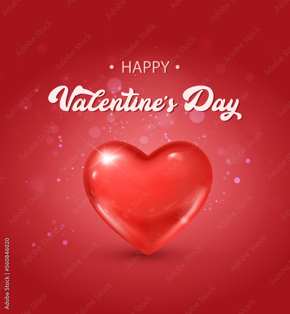 3d realistic vector Valentines banner. Romantic celebration banner, flyer, web, greeting card. Shiny red heart on  red backgriund. 