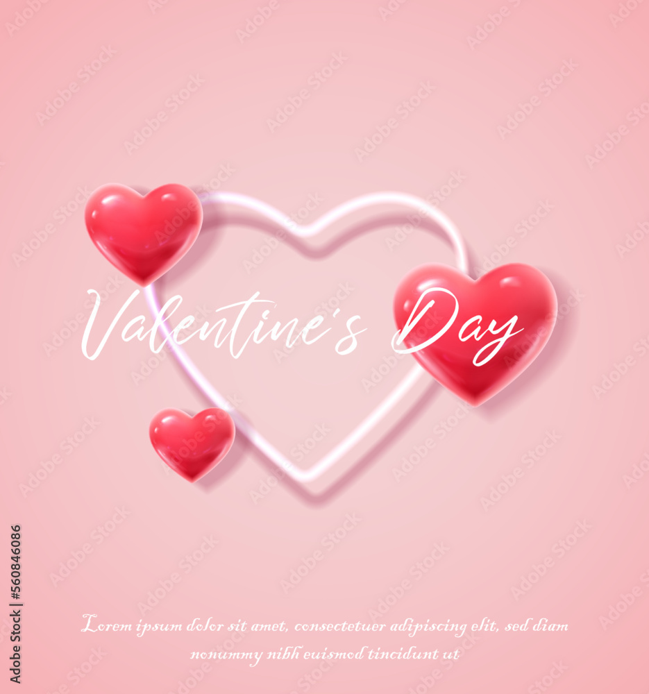3d realistic vector Valentines banner. Romantic celebration banner, flyer, web, greeting card. Neon heart with red small heart on pink background.