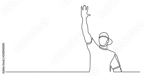 continuous line drawing of young healthy man in cap giving high five - PNG image with transparent background