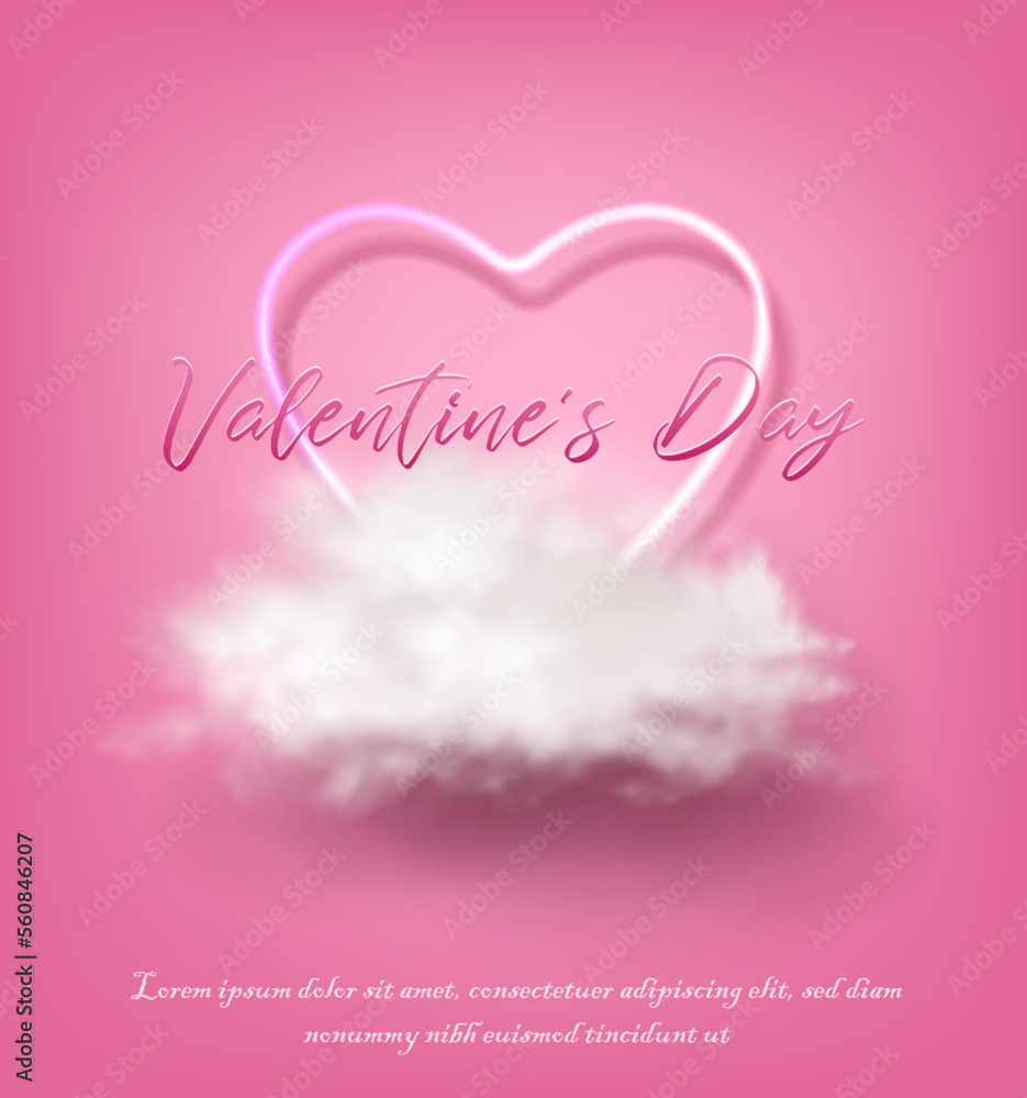 3d realistic vector Valentines banner. Romantic celebration banner, flyer, web, greeting card. Neon heart with white cloud on pink background.