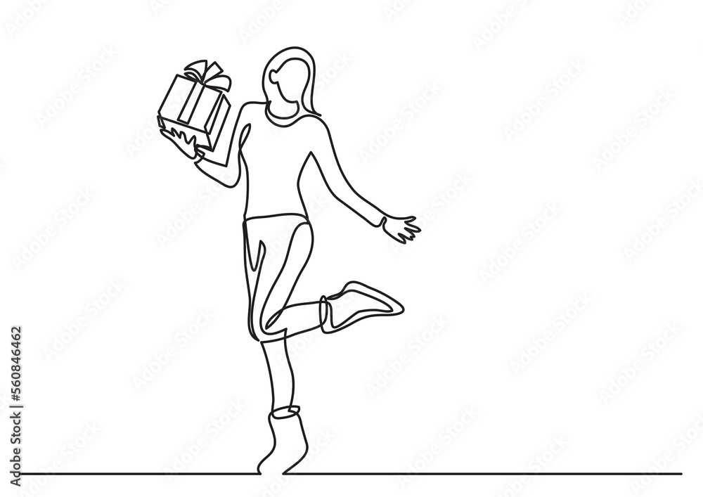 Obraz premium continuous line drawing standing woman with christmas gift - PNG image with transparent background