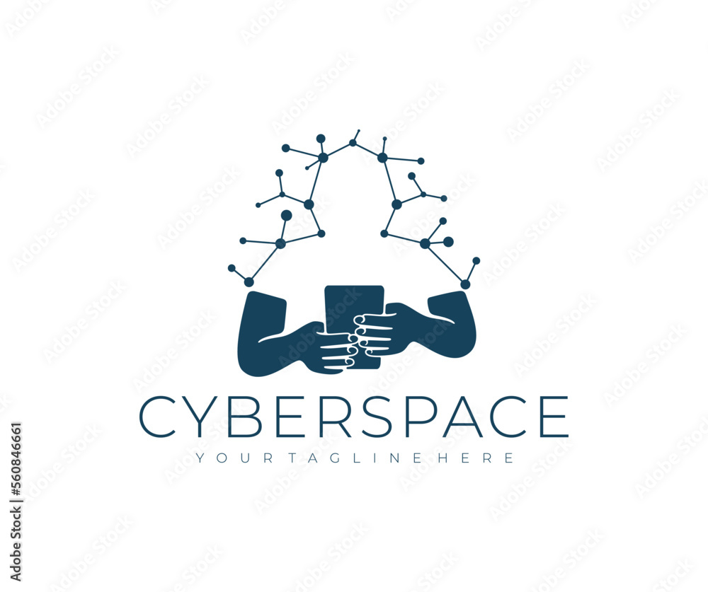 Man sitting in smartphone, cyberspace and metaverse, logo design. Connect, connection, digital, net and network, vector design and illustration