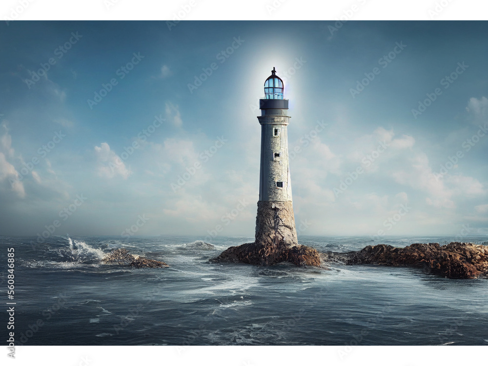 Dramatic lighthouse lit up on rocks, cliffs, lighthouse architecture, moody scene