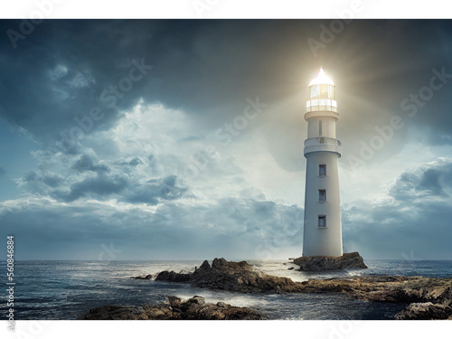 Dramatic lighthouse lit up on rocks, cliffs, lighthouse architecture, moody scene