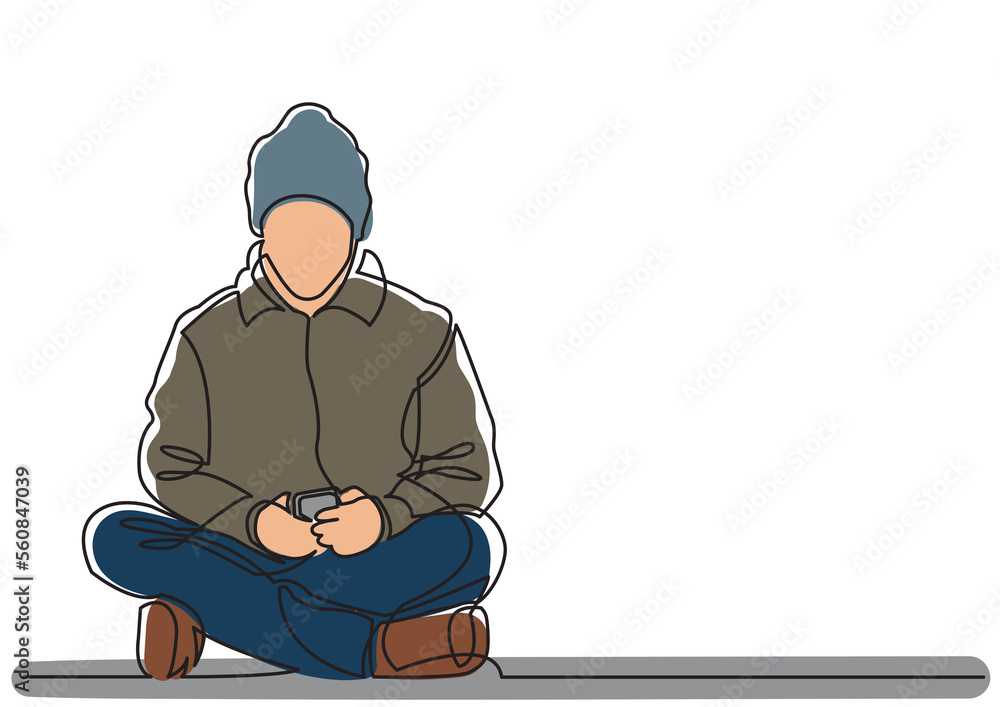 continuous line drawing young man sitting with mobile phone colored ...