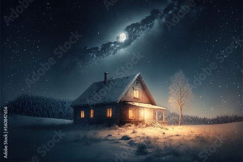 house in the snow at night, glowing milky way in starry sky, generative ai  © Milan