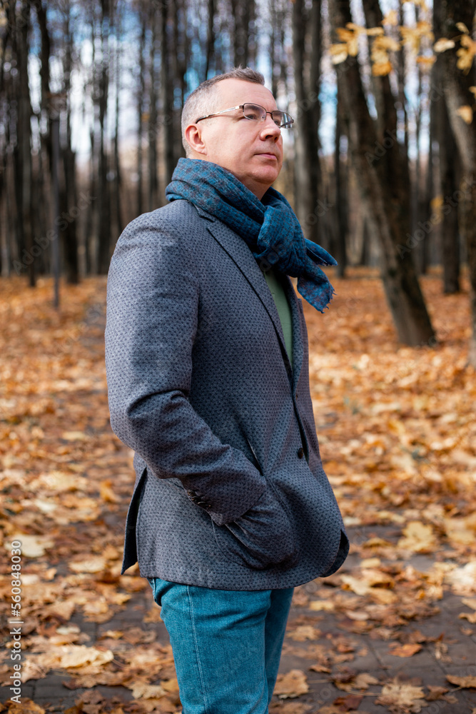 Vertical confident tranquil grizzled modern man in eyeglasses, jacket, scarf, hands in pockets walking in golden forest Vertical confident tranquil grizzled modern man in eyeglasses, jacket, scarf, hands in pockets walking in golden forest