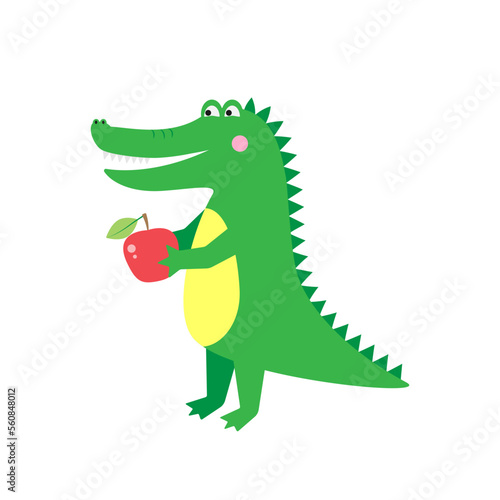 A cheerful alligator is holding an apple. Vector illustration.