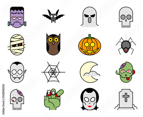 Funny monsters commonly seen during Halloween, Cartoon set of vector illustrations, Spooky character. Smileys halloween emoji vector set. Smiley emojis horror character, mascot collection isolated in  (ID: 560848206)