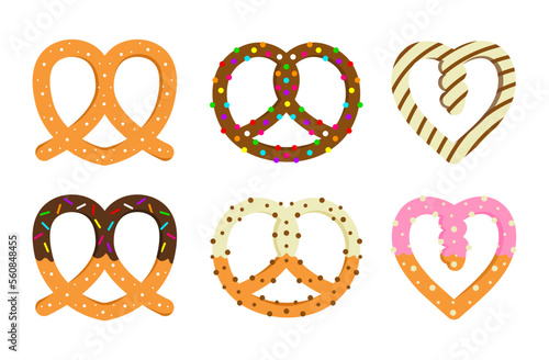 Set of sweet pretzels in cartoon style. Vector illustration of delicious pretzels with colored glaze and sprinkles isolated on white background.