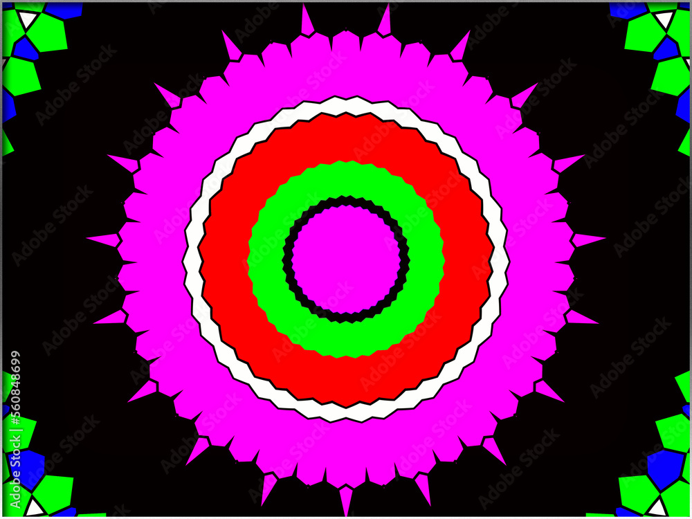 Abstract, Pink and Green, Circular Design, set against Black, within a Border Abstract, Pink and Green, Circular Design, set against Black, within a Border