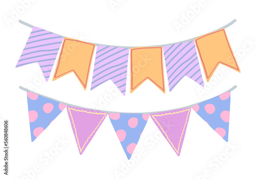 Festive bunting flags. Flag garland cartoon vector illustration. Celebration party holidays decor cliparts isolated on white background.