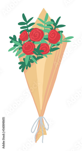 Beautiful bouquet of roses in cartoon style. Celebration Birthday party attribute clipart isolated on white background. Hand drawn vector illustration.