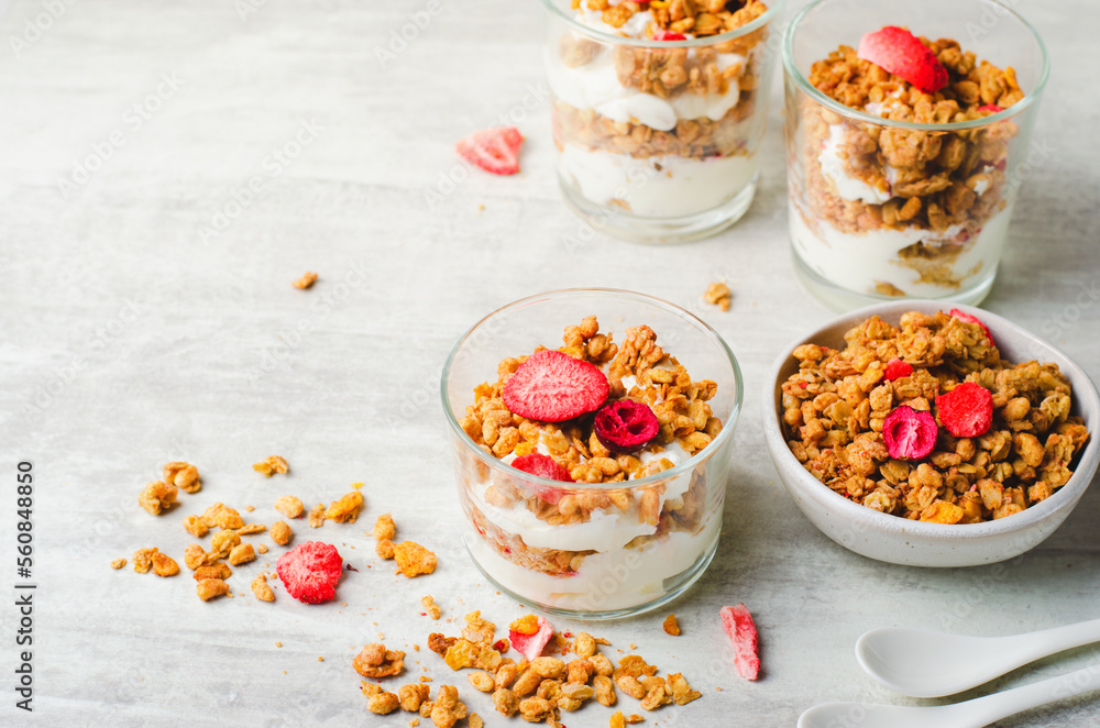 Granola and Yogurt Parfaits, Healthy Breakfast or Snack, Muesli with Dried Berries on Bright Concrete Background Granola and Yogurt Parfaits, Healthy Breakfast or Snack, Muesli with Dried Berries on Bright Concrete Background