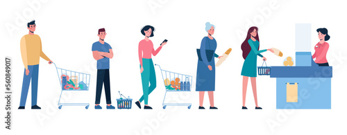 Vector illustration of several people standing in line for shopping in a supermarket, buy products. Men and women stand in front of the cash register with carts and baskets. Flat style.