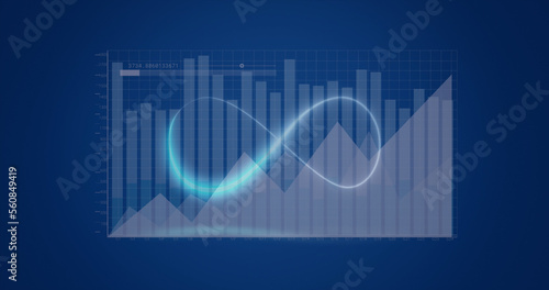 Composition of data processing over shapes on blue background