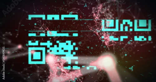 Image of flickering qr code over network of connections and neon lights