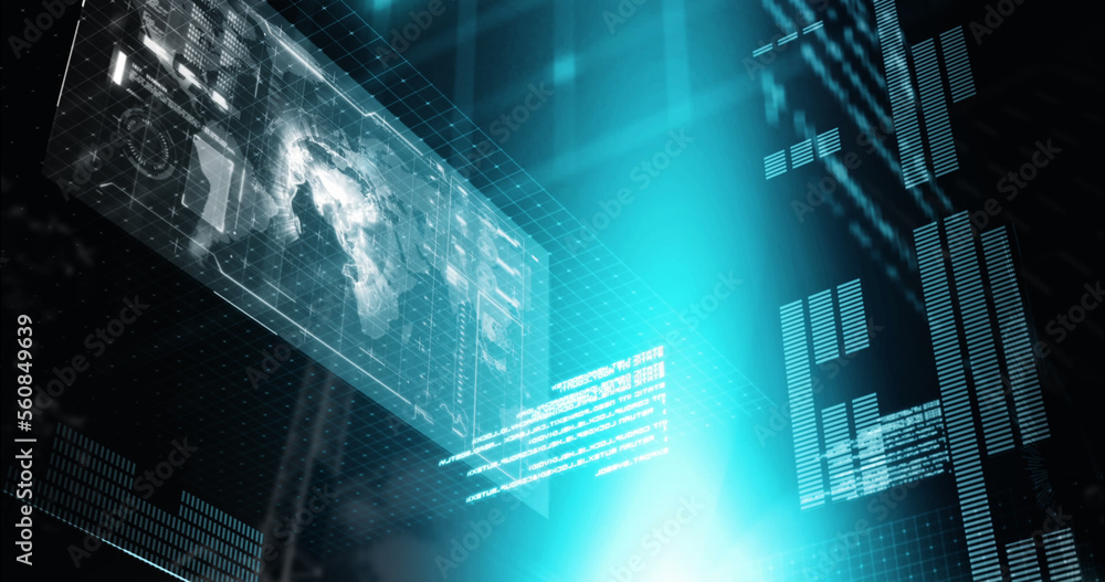 Image of data processing over globe on screen in background Image of data processing over globe on screen in background