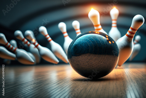 Bowling Kugel trifft auf die Kegel und macht einen Strike