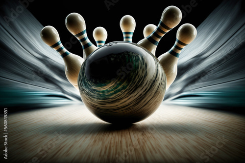 Bowling Kugel trifft auf die Kegel und macht einen Strike - Ai generiert photo