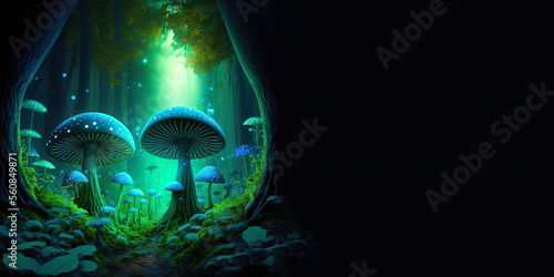 Luminescent mushrooms in a lush fantasy forest. Glowing mysterious mushrooms. Copy text, space for your text. Illustration, generated art © Caphira Lescante