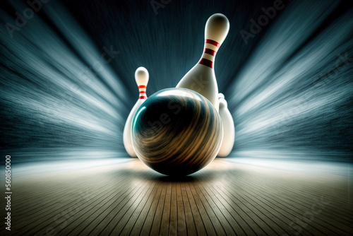 Bowling Kugel trifft auf die Kegel und macht einen Strike - Ai generiert photo