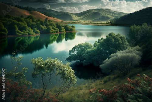 picturesque lake surrounded by dense foliage and rolling hills, generative ai