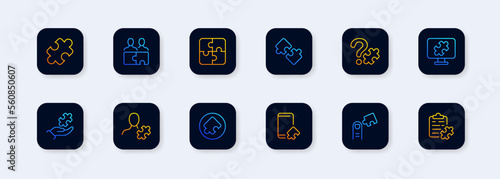 Puzzles. Icon set with different people and folding mosaic symbols. Contains such Icons as Thinking Man, Discussing Problems, Puzzle Pieces and more. Flat vector.