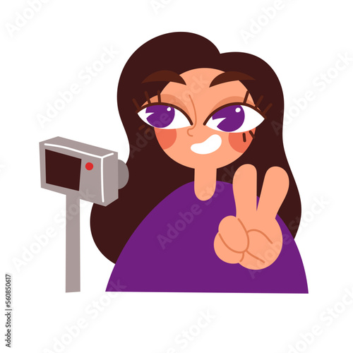 Blogger. A charming young girl films herself and her life on camera, talks about herself and about interesting situations, dispels her followers. Cartoon flat vector illustration.