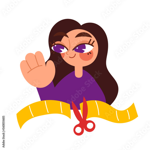 Video editing. A young girl is engaged in video editing, cuts, inserts video, adds various effects. Vector illustration for graphic design, art, editor workplace concept