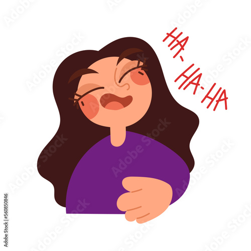 Laughter. Charming young girl laughs because of a joke, a funny situation. A happy girl smiles because of another person. The concept of comfort, good time spending. Flat vector illustration.