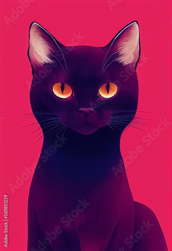Funny adorable portrait headshot of cute kitten. Black cat with bright eyes, kitty standing facing front. Looking to camera. Watercolor imitation illustration. Ai generated vertical artistic poster.