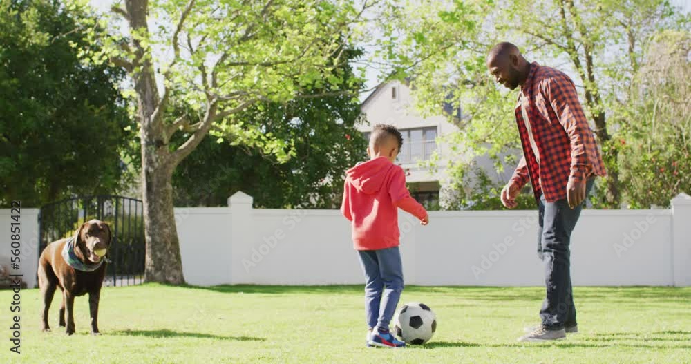 Happy african american father and his son playing football in garden ...