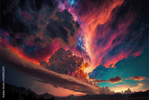Dramatic Red Sunset, Ai Generated Bright Pink Skies with Majestic Thunderhead Clouds, 