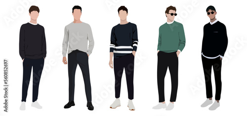 Group fashion men in modern trendy outfits. Young people wearing stylish casual summer clothes. Colored flat graphic vector illustration of fashionable man isolated on white background