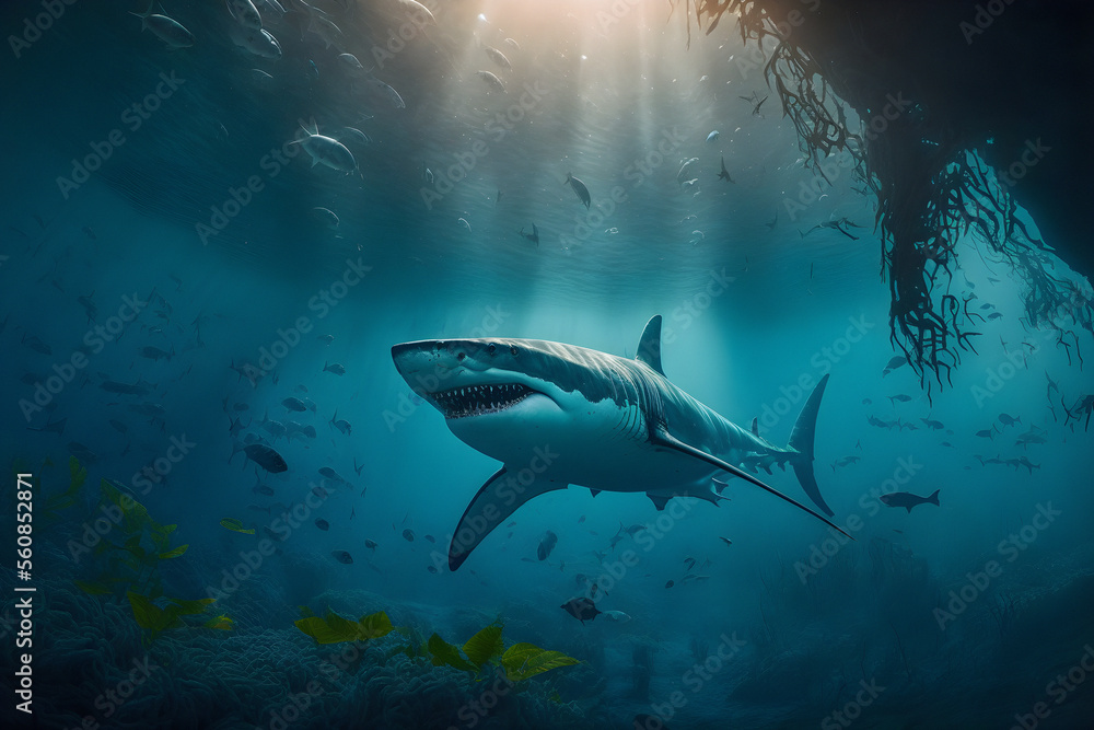 Great white shark posing in deep blue water. Great white shark posing in deep blue water.
