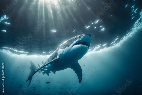 Great white shark posing in deep blue water. © Pippa