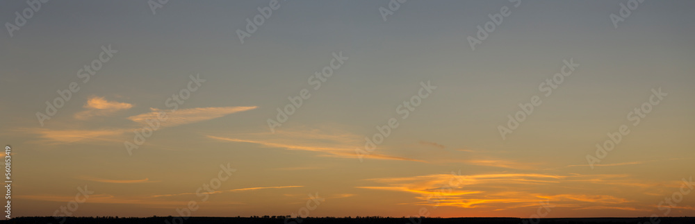 Fototapeta premium Panorama. Landscape with dawn. The sun rises through light cirrus clouds.