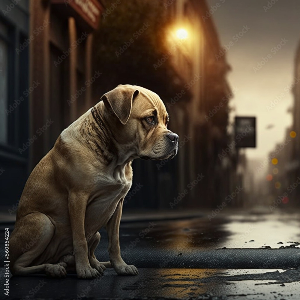 Abandoned sad dog on the street. Generative AI.	
