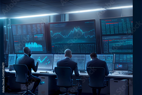 group of Stock traders analysing graph screen in office. Group of financial managers on meeting in office. Ai Generated illustration.