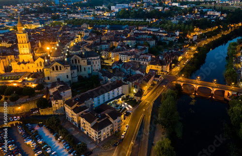 Aerial view of Perigueux city illuminated at night, Perigord Blanc, Dordogne.. © JackF