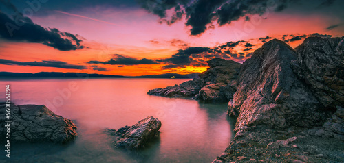 Croatia  Europe  Istria  pebble Kostrena beach near Rijeka and Lovran resort....exclusive - this image is sold only on Adobe stock