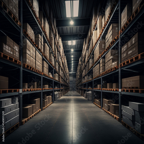 Interior of a large warehouse. Generative AI.