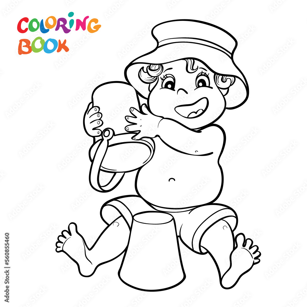 Coloring page. Happy child in shorts and panama hat play in the sand and toys.