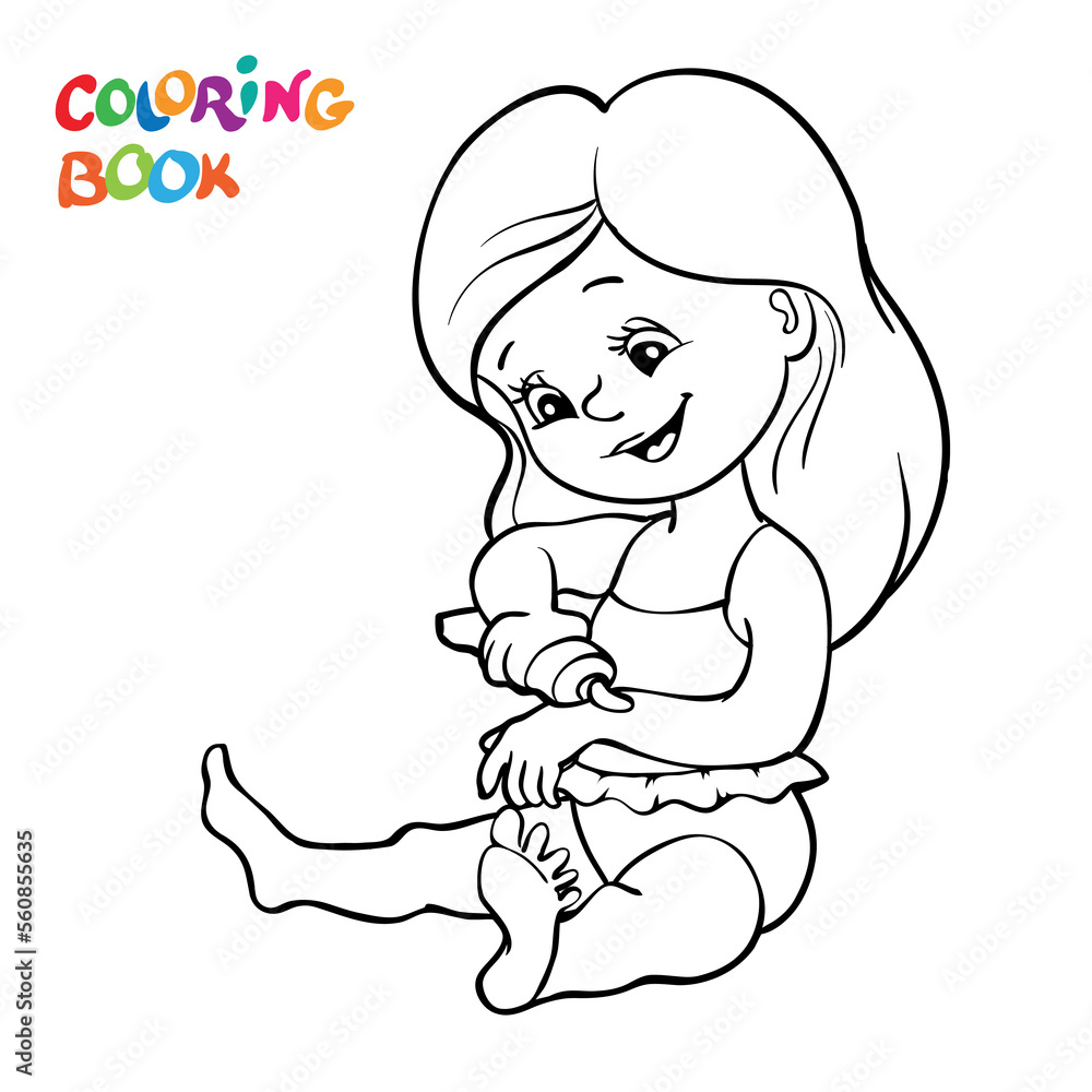 Coloring page. A girl in a swimsuit sits and smears herself with sunscreen