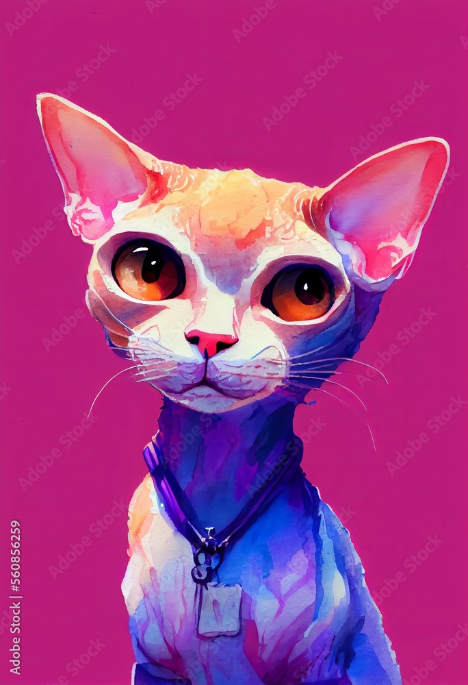 Funny adorable portrait headshot of cute kitten. Devon Rex cat breed kitty, standing facing front. Looking to camera. Watercolor imitation illustration. Ai generated vertical artistic poster.