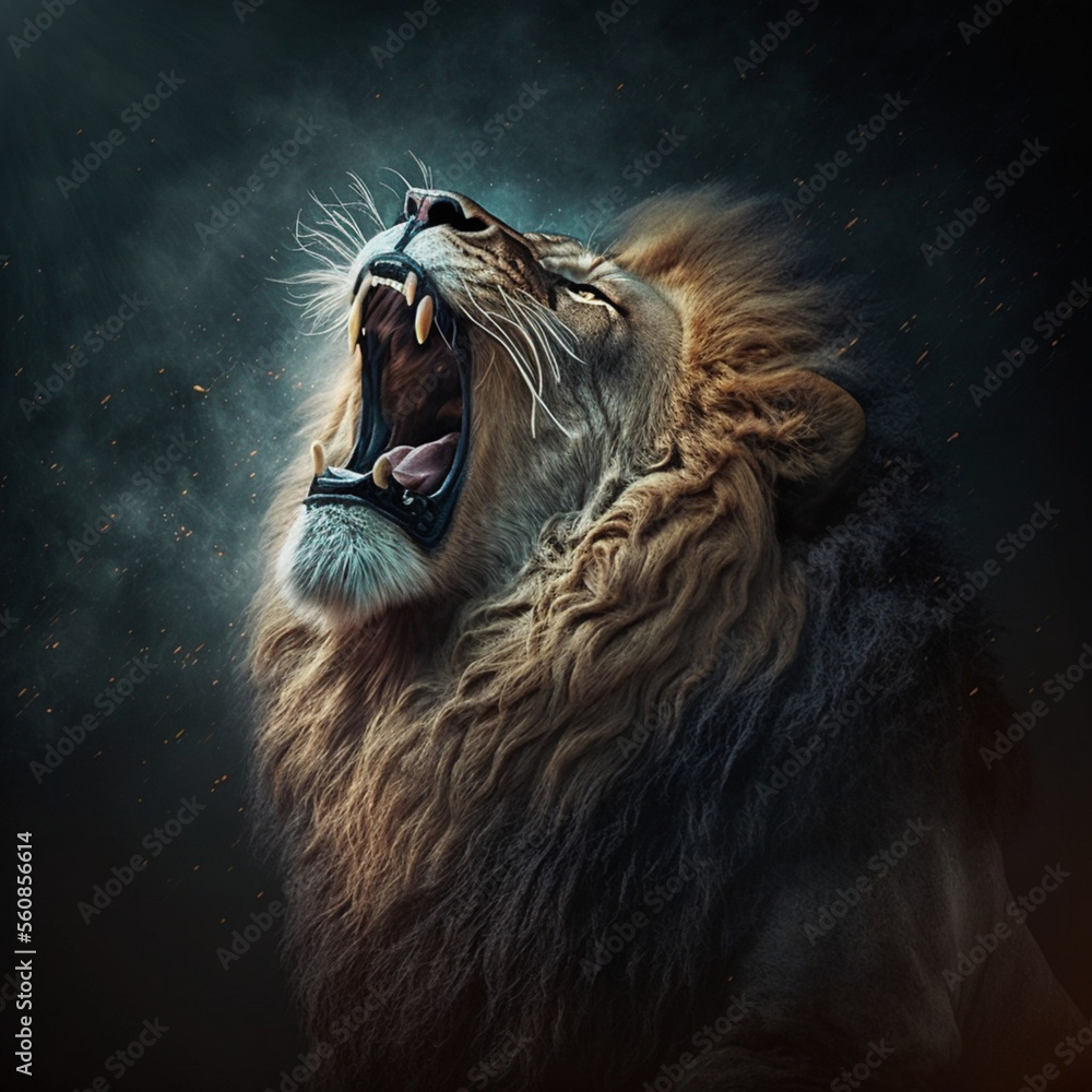 Lion roaring with his mouth open on a dark background. Generative AI ...