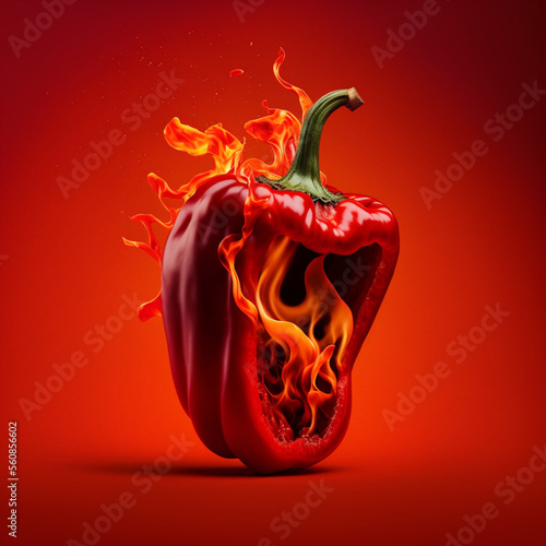 Hot red pepper on fire. Spicy concept. Generative AI.