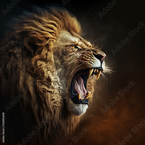 Lion roaring with his mouth open on a dark background. Generative AI.